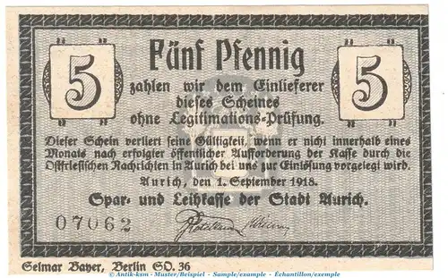 Notgeld Leihkasse Aurich , 5 Pfennig Schein in kfr. Tieste 0270.10.01 von 1918 , Niedersachsen Verkehrsausgabe