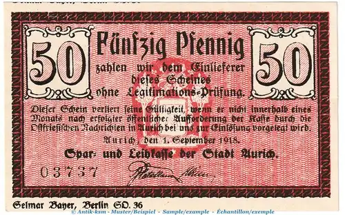 Notgeld Leihkasse Aurich , 50 Pfennig Schein in kfr. Tieste 0270.10.03 von 1918 , Niedersachsen Verkehrsausgabe