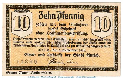 Notgeld Leihkasse Aurich , 10 Pfennig Schein in gbr. Tieste 0270.10.02 von 1918 , Niedersachsen Verkehrsausgabe