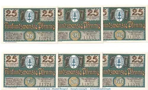 Notgeld Gemeinde Oberhof 996.4 , Set mit 6 x 25 Pfennig in kfr. von 1921 , Thüringen Seriennotgeld