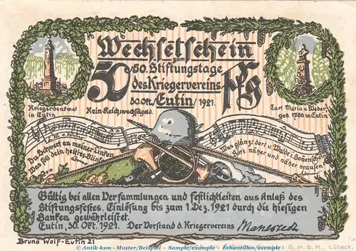 Notgeld Kriegerverein Eutin 357.1  , 50 Pfennig Schein Nr.1 in kfr. von 1921 , Schleswig Holstein Seriennotgeld