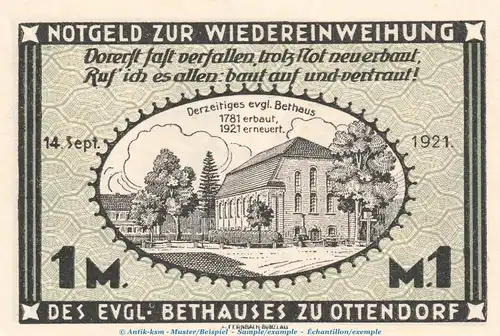 Notgeld Stadt Ottendorf - Bunzlau 1038.1 , 1 Mark Schein in kfr. von 1921 , Schlesien Seriennotgeld
