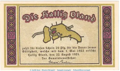 Notgeld Hallig Oland 1013.2 , 20 Pfennig Schein -violett- in kfr. von 1921 , Schleswig Holstein Seriennotgeld