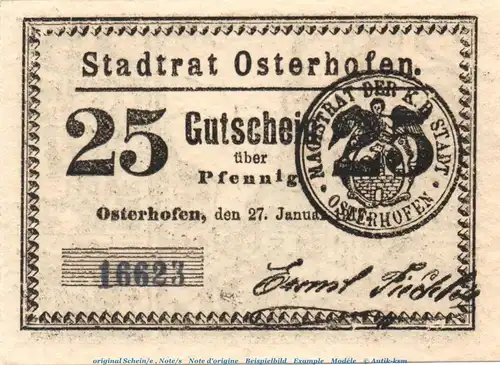 Notgeld Stadt Osterhofen , 25 Pfennig grauviolet in kfr. von 1917 , Bayern Seriennotgeld