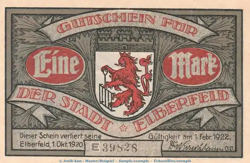 Notgeld Stadt Elberfeld 324.1 , 1 Mark Schein Nr.3 -grau- in kfr. von 1920 , Westfalen Seriennotgeld