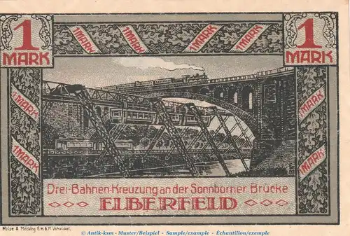 Notgeld Stadt Elberfeld 324.1 , 1 Mark Schein Nr.3 -grau- in kfr. von 1920 , Westfalen Seriennotgeld