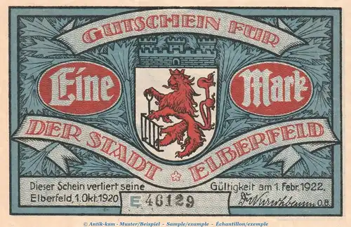Notgeld Stadt Elberfeld 324.1 , 1 Mark Schein Nr.2 -blau- in kfr. von 1920 , Westfalen Seriennotgeld