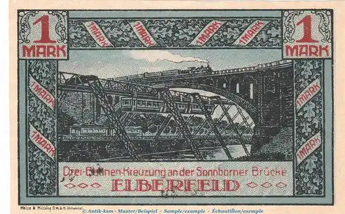 Notgeld Stadt Elberfeld 324.1 , 1 Mark Schein Nr.2 -blau- in kfr. von 1920 , Westfalen Seriennotgeld