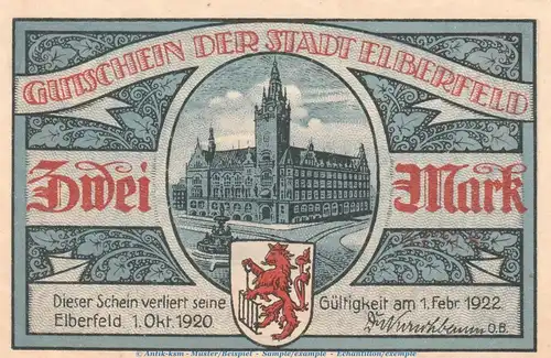 Notgeld Stadt Elberfeld 324.1 , 2 Mark Schein Nr.2 -blau- in kfr. von 1920 , Westfalen Seriennotgeld