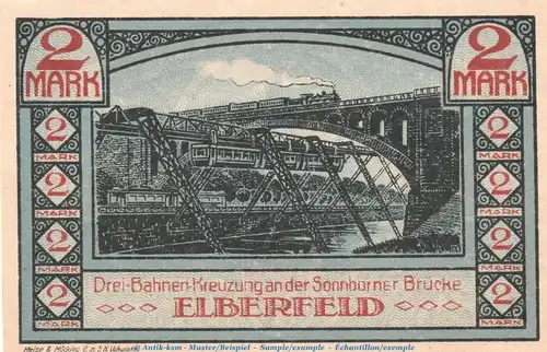 Notgeld Stadt Elberfeld 324.1 , 2 Mark Schein Nr.2 -blau- in kfr. von 1920 , Westfalen Seriennotgeld