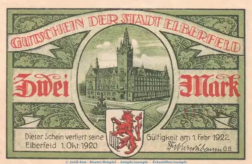 Notgeld Stadt Elberfeld 324.1 , 2 Mark Schein Nr.1 -grün- in kfr. von 1920 , Westfalen Seriennotgeld