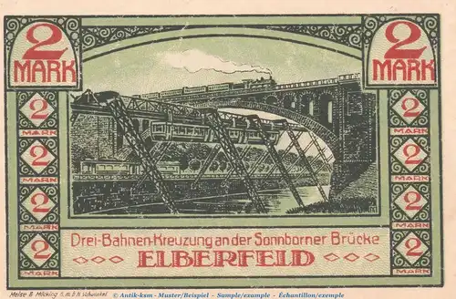 Notgeld Stadt Elberfeld 324.1 , 2 Mark Schein Nr.1 -grün- in kfr. von 1920 , Westfalen Seriennotgeld