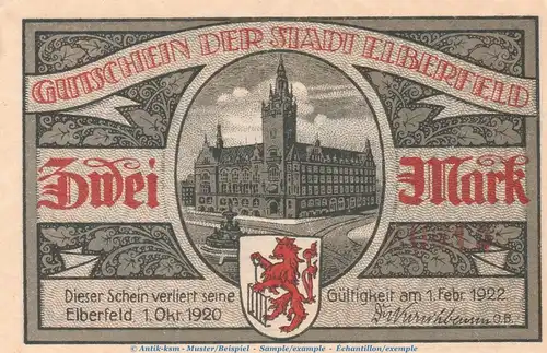 Notgeld Stadt Elberfeld 324.1 , 2 Mark Schein Nr.3 -grau- in kfr. von 1920 , Westfalen Seriennotgeld