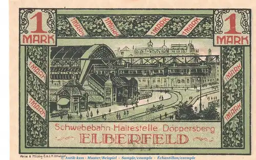 Notgeld Stadt Elberfeld 324.1 , 1 Mark Schein Nr.4 -grün- in kfr. von 1920 , Westfalen Seriennotgeld
