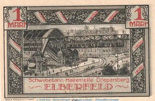 Notgeld Stadt Elberfeld 324.1 , 1 Mark Schein Nr.6 -grau- in kfr. von 1920 , Westfalen Seriennotgeld