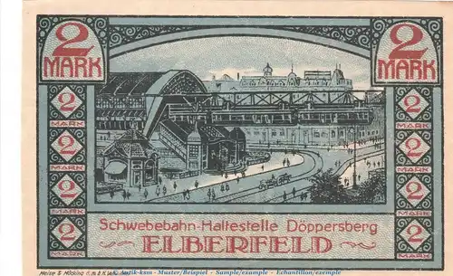 Notgeld Stadt Elberfeld 324.1 , 2 Mark Schein Nr.5 -blau- in kfr. von 1920 , Westfalen Seriennotgeld