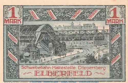 Notgeld Stadt Elberfeld 324.1 , 1 Mark Schein Nr.5 -blau- in kfr. von 1920 , Westfalen Seriennotgeld