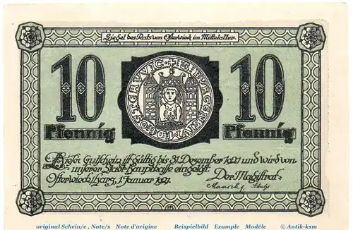 Notgeld Stadt Osterwieck 1037.1.c , 10 Pfennig Scheinen grün in kfr. von 1921 , Sachsen Anhalt Seriennotgeld
