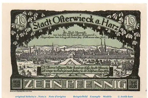 Notgeld Stadt Osterwieck 1037.1.c , 10 Pfennig Scheinen grün in kfr. von 1921 , Sachsen Anhalt Seriennotgeld