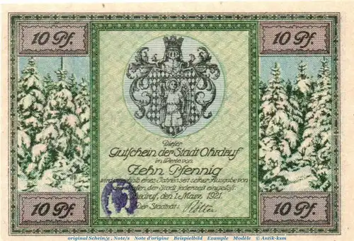 Ohrdruf , Notgeld 10 Pfennig Schein -Stpl- in kfr. M-G 1012.1.a , Thüringen 1921 Seriennotgeld
