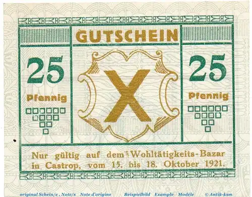 Notgeld Wohltätigkeits Bazar Castrop 224.1 , 25 Pfennig in kfr. von 1921 , Westfalen Seriennotgeld