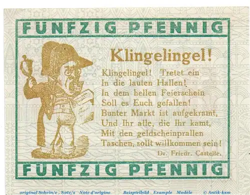 Notgeld Wohltätigkeits Bazar Castrop 224.1 , 50 Pfennig in kfr. von 1921 , Westfalen Seriennotgeld