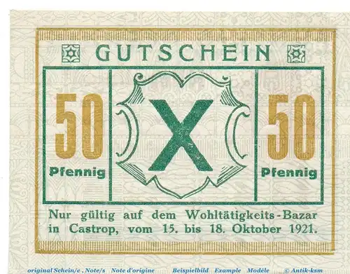 Notgeld Wohltätigkeits Bazar Castrop 224.1 , 50 Pfennig in kfr. von 1921 , Westfalen Seriennotgeld