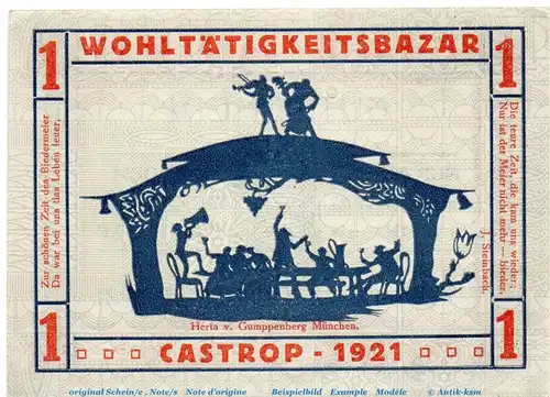 Notgeld Wohltätigkeits Basar Castrop 224.1 , 1 Mark Schein in kfr. von 1921 , Westfalen Seriennotgeld