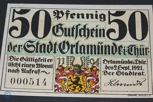 Notgeld Orlamünde , 50 Pfennig Schein Nr 6 , Kennummer schwarz , Mehl Grabowski 468.1 , von 1921 , Thüringen Seriennotgeld