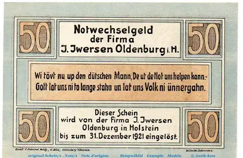 Notgeld J, Iwersen Oldenburg 1014.1.b , 50 Pfennig Schein in kfr. von 1921 , Schleswig Holstein Seriennotgeld