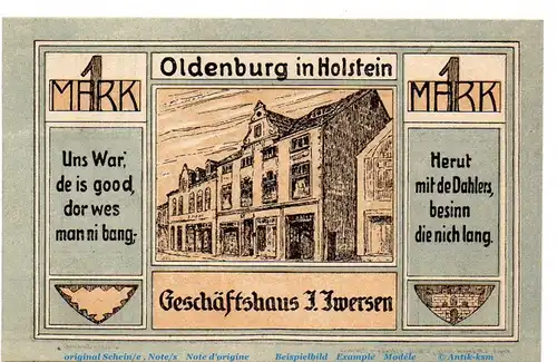 Notgeld J, Iwersen Oldenburg 1014.1.b , 1 Mark Schein in kfr. von 1921 , Schleswig Holstein Seriennotgeld