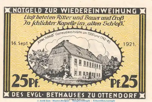 Notgeld Ottendorf , 25 Pfennig Schein , Mehl Grabowski 1038.1 , von 1921 , Schlesien Seriennotgeld