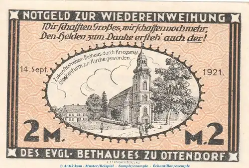 Notgeld Stadt Ottendorf - Bunzlau 1038.1 , 2 Mark Schein in kfr. von 1921 , Schlesien Seriennotgeld