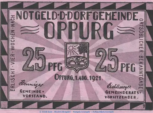 Notgeld Dorfgemeinde Oppurg 1023.1.a , 25 Pfennig Schein o. Drfa. in kfr. von 1921 , Thüringen Seriennotgeld