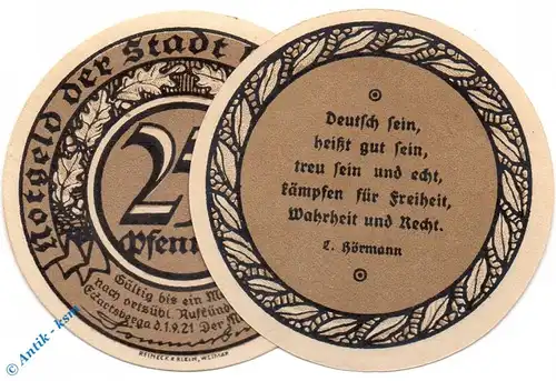 Notgeld Eckartsberga , 25 Pfennig Schein Nr 5 , Mehl Grabowski 305.4 , Sachsen Anhalt Seriennotgeld