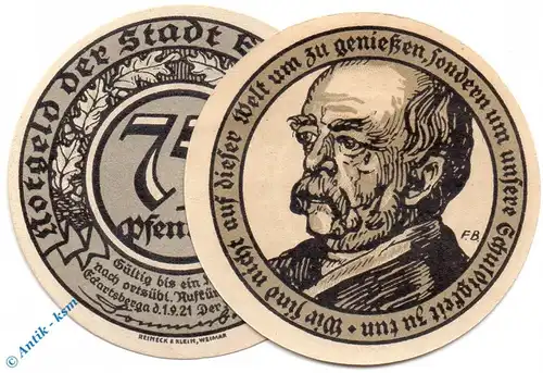 Notgeld Eckartsberga , 75 Pfennig Schein Nr 2 , Mehl Grabowski 305.5 , von 1921 , Sachsen Anhalt Seriennotgeld