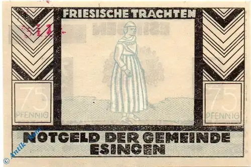 Notgeld Esingen , 75 Pfennig Schein Nr 1 , Mehl Grabowski 353.1 , Schleswig Holstein Seriennotgeld