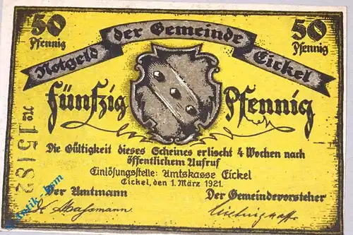 Notgeld Eickel , 50 Pfennig Schein , Mehl Grabowski 314.1 , von 1921 , Westfalen Seriennotgeld