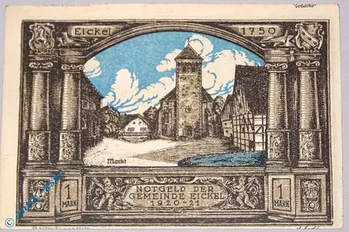 Notgeld Eickel , 1 Mark Schein Nr 2 , Mehl Grabowski 314.1 , von 1921 , Westfalen Seriennotgeld