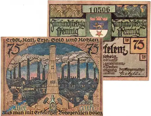 Notgeld Erkelenz , 75 Pfennig Schein Nr 1 in kfr. Mehl Grabowski 348.1 , von 1921 , Westfalen Seriennotgeld