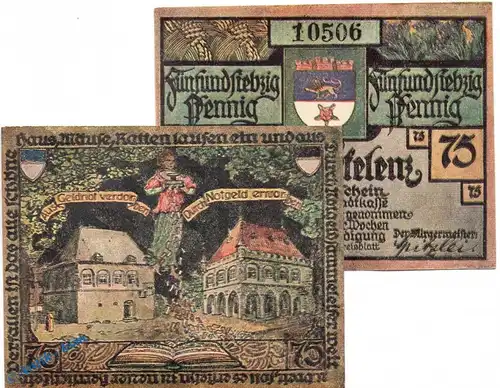 Notgeld Erkelenz , 75 Pfennig Schein Nr 2 in kfr. Mehl Grabowski 348.1 , von 1921 , Westfalen Seriennotgeld