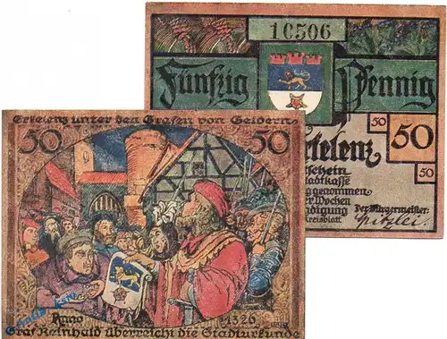 Notgeld Erkelenz , 50 Pfennig Schein Nr 1 in kfr. Mehl Grabowski 348.1 , von 1921 , Westfalen Seriennotgeld