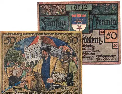 Notgeld Erkelenz , 50 Pfennig Schein Nr 2 in kfr. Mehl Grabowski 348.1 , von 1921 , Westfalen Seriennotgeld