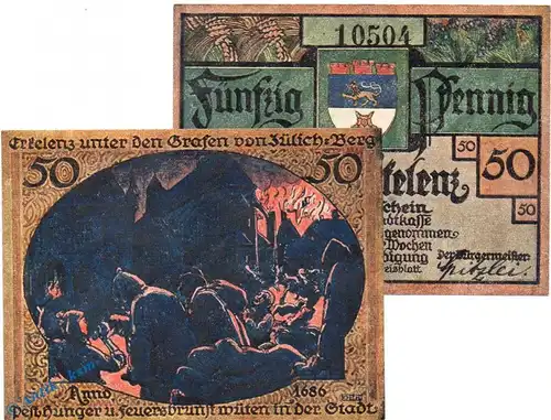 Notgeld Erkelenz , 50 Pfennig Schein Nr 3 in kfr. Mehl Grabowski 348.1 , von 1921 , Westfalen Seriennotgeld