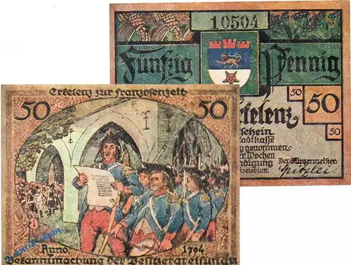Notgeld Erkelenz , 50 Pfennig Schein Nr 4 in kfr. Mehl Grabowski 348.1 , von 1921 , Westfalen Seriennotgeld