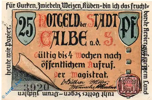 Notgeld Calbe Saale , 25 Pfennig Schein , Serie schwarz , Mehl Grabowski 213.1 , Sachsen Anhalt Seriennotgeld