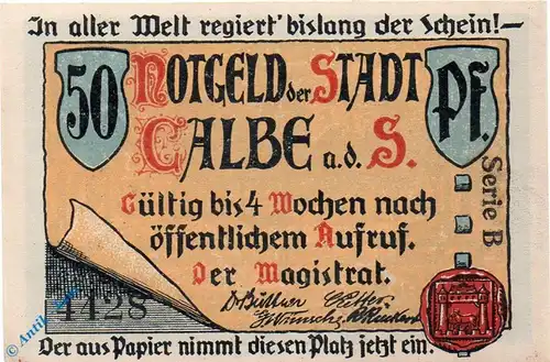 Notgeld Calbe Saale , 50 Pfennig Schein , Serie schwarz , Mehl Grabowski 213.1 , Sachsen Anhalt Seriennotgeld