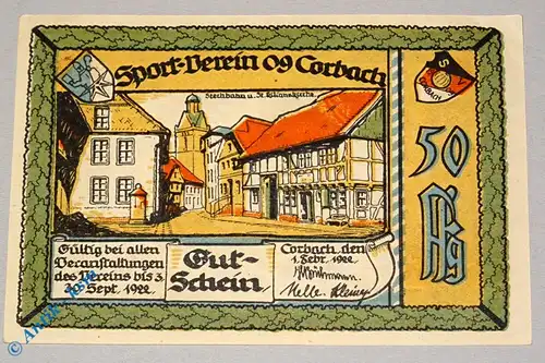 Notgeld Corbach , 50 Pfennig Schein Nr 1 , Mehl Grabowski 240.1 , von 1922 , Hessen Seriennotgeld