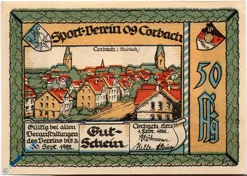 Notgeld Corbach , 50 Pfennig Schein Nr 2 , Mehl Grabowski 240.1 , von 1922 , Hessen Seriennotgeld