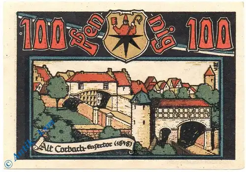 Notgeld Corbach , 100 Pfennig Schein Nr 3 , Mehl Grabowski 240.1 , von 1922 , Hessen Seriennotgeld